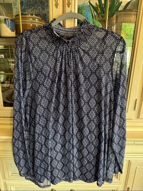 Lane Bryant Navy and White Geometric Smocked-Neck Blouse